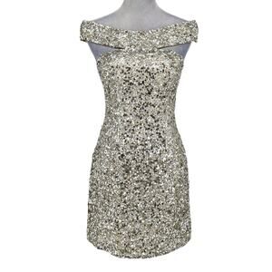 Scala Dress Womens 2 Silk Silver Sequins Off Shoulder FLAW Some sequins missing